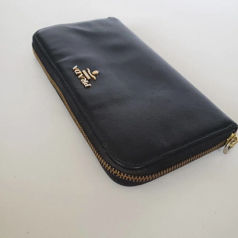 Prada Long Wallet Leather Zipper Black Zip Around Italy Continental Logo Clutch - Picture 9 of 13